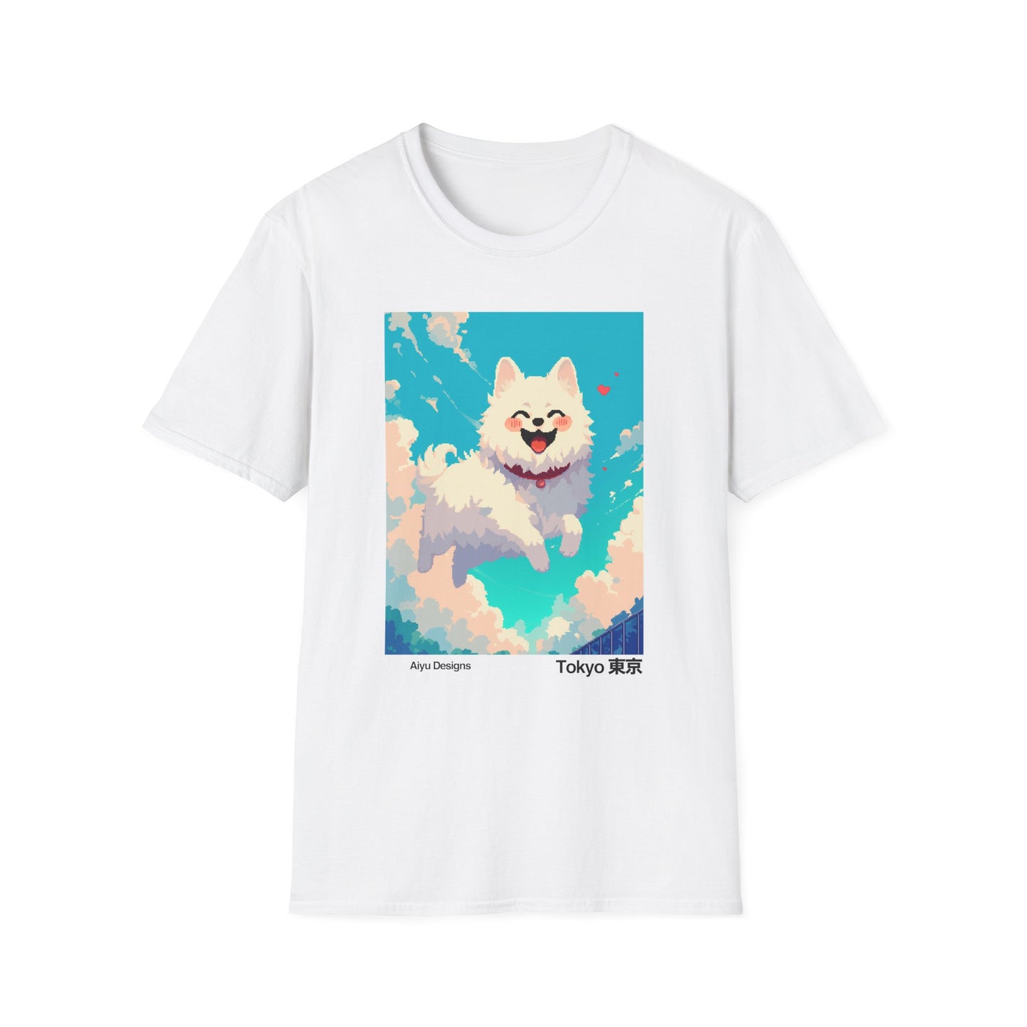 Pixel Art T-Shirt - Happy White Dog Flying